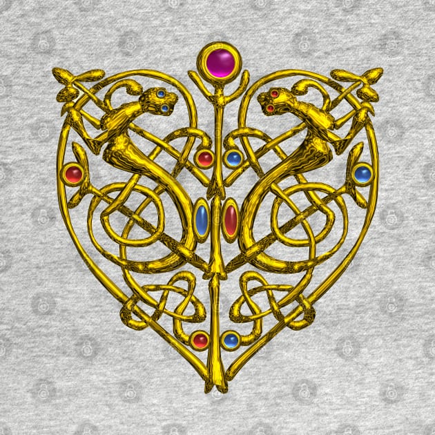 HYPER VALENTINE / GOLD CELTIC KNOT HEART WITH LIZARDS IN WHITE by BulganLumini